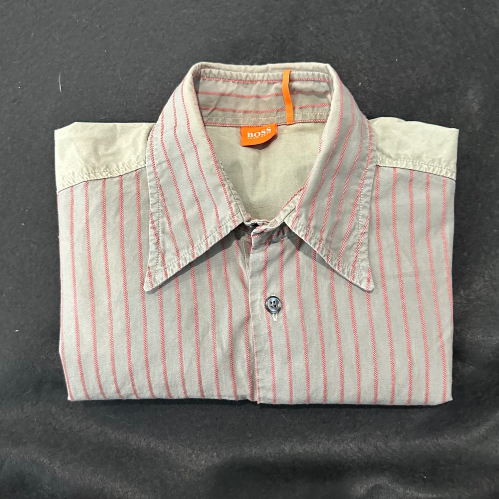 Hugo Boss Orange Label Men medium Grey Red Striped Button Down Shirt Long Sleeve